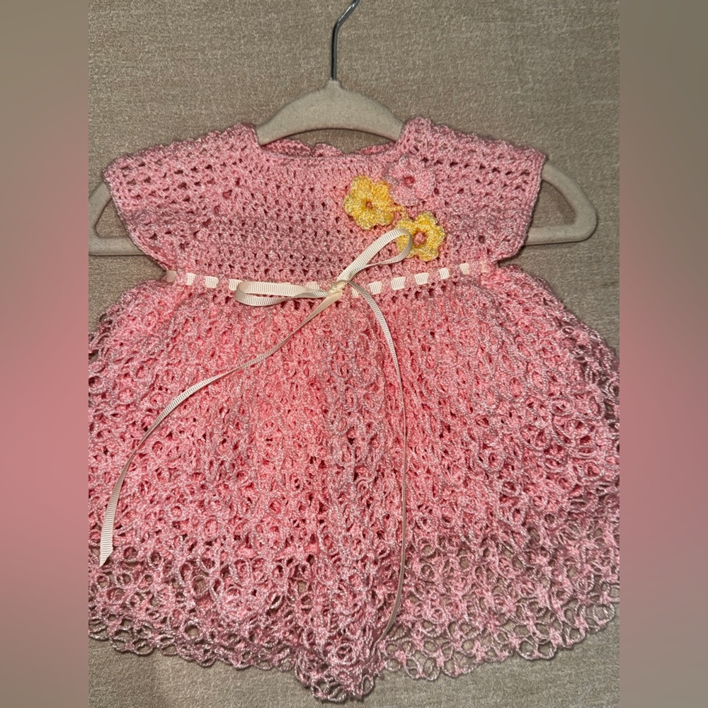 Hand made Pink Crochet Kids Formal Dress 0-3 m